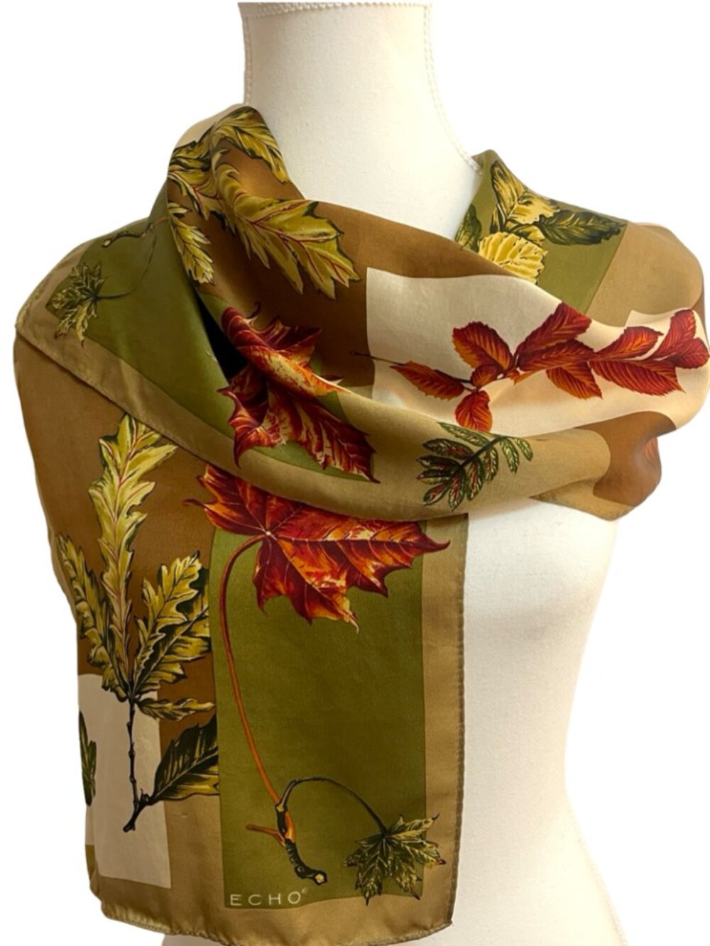 Echo Vintage Fall Leaves Scarf Olive Green Red Brown 11 x 50